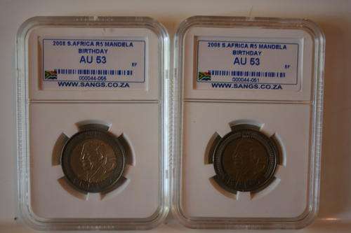 2X SANGS GRADED AU53 MANDELA 90TH BIRTHDAY COIN!! @ 1 RAND START!!!! -bid per coin.