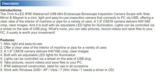 Waterproof USB Inspection HD Video Camera With 6 LED's, 7 Meters