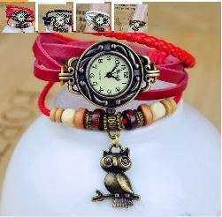 HIGH QUALITY WOMENS GENUINE LEATHER VINTAGE BRACELET WATCH (OWL) - VARIOUS COLOURS