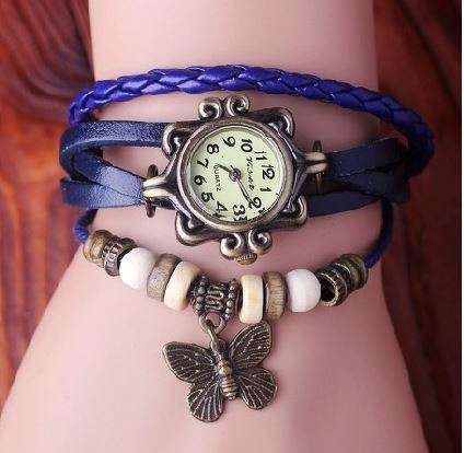 HIGH QUALITY WOMENS GENUINE LEATHER VINTAGE BRACELET WATCH (Butterfly) - VARIOUS COLOURS