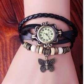 HIGH QUALITY WOMENS GENUINE LEATHER VINTAGE BRACELET WATCH (Butterfly) - VARIOUS COLOURS