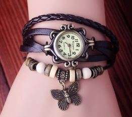 HIGH QUALITY WOMENS GENUINE LEATHER VINTAGE BRACELET WATCH (Butterfly) - VARIOUS COLOURS