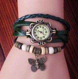 HIGH QUALITY WOMENS GENUINE LEATHER VINTAGE BRACELET WATCH (Butterfly) - VARIOUS COLOURS