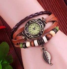 HIGH QUALITY WOMENS GENUINE LEATHER VINTAGE BRACELET WATCH (LEAF) - VARIOUS COLOURS