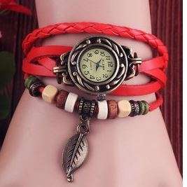 HIGH QUALITY WOMENS GENUINE LEATHER VINTAGE BRACELET WATCH (LEAF) - VARIOUS COLOURS