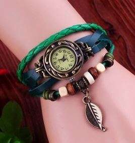 HIGH QUALITY WOMENS GENUINE LEATHER VINTAGE BRACELET WATCH (LEAF) - VARIOUS COLOURS