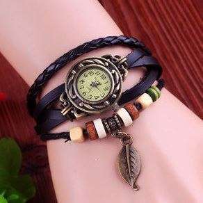 HIGH QUALITY WOMENS GENUINE LEATHER VINTAGE BRACELET WATCH (LEAF) - VARIOUS COLOURS