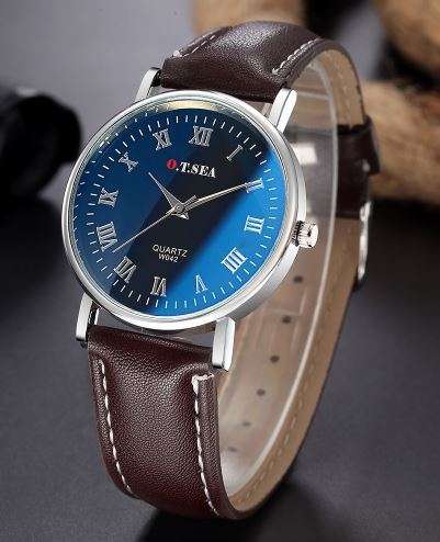O.T.SEA Brand Men Watch Fashion Brand Faux Leather Blue Ray Glass Quartz Analog Watches Casual Cool
