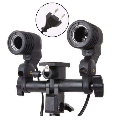 Studio Double Head AC Swivel Socket Umbrella Bracket Flash Lamp Bulb Holder