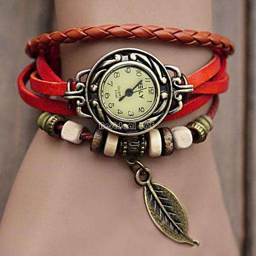 HIGH QUALITY WOMENS GENUINE LEATHER VINTAGE BRACELET WATCH (LEAF) - VARIOUS COLOURS