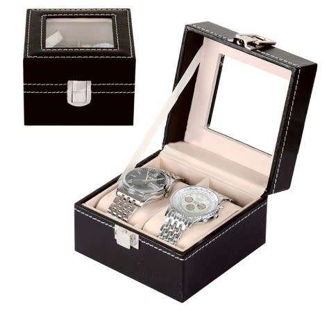 Black 2 Grid PU Leather Watch Display Collection Case Box Jewelry Storage Organizer