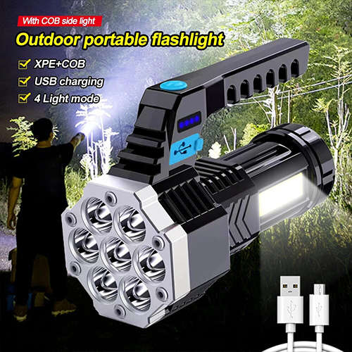 COB 7-Cell LED Rechargeable Flashlight Waterproof Portable Outdoor Light