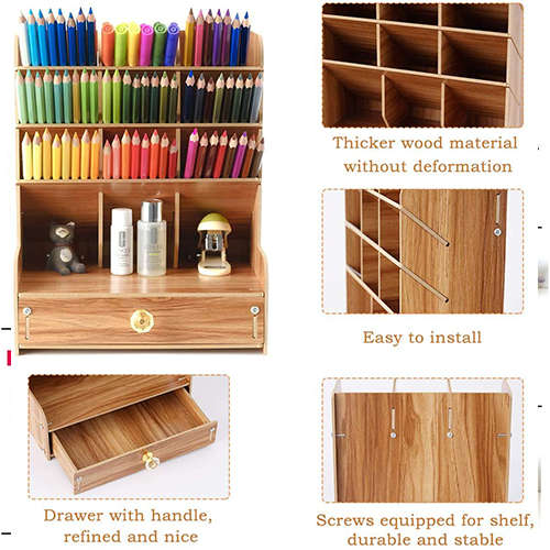 Multifunctional Desk Wooden Shelf Storage Box Diy Pen Holder