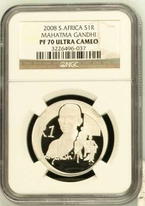 HIGHEST GRADE SILVER PROOF PF70 ULTRA CAMEO MAHATMA GANDHI  FREE SHIPPING  S.A ONLY