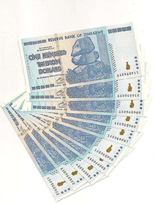 10 x Zimbabwe $100 Trillion Bundle UNC AA Prefix