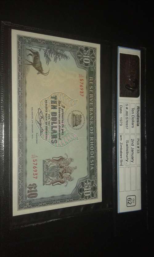 UNCIRCULATED 1979 RHODESIA $10 NOTE WITH ZIMBABWE BIRD WATERMARK....GRADED GU62!