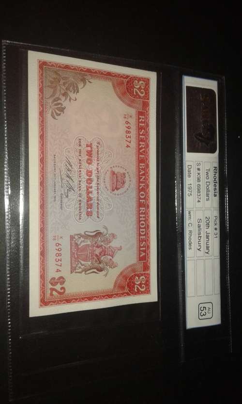 1975 RHODESIA $2 NOTE RHODES WATERMARK...GRADED AU53!