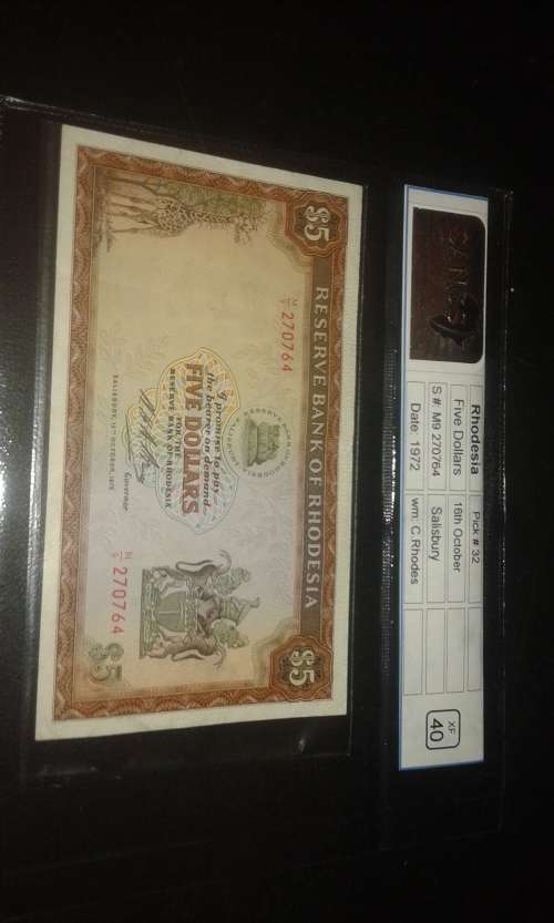 1972 RHODESIA $5 NOTE RHODES WATERMARK...GRADED XF40