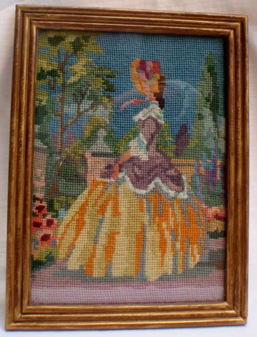 VINTAGE - BEAUTIFUL LITTLE TAPESTRY OF A YOUNG MAIDEN IN A GARDEN -  MIXTURE OF PETIT POINT-GORGEOUS