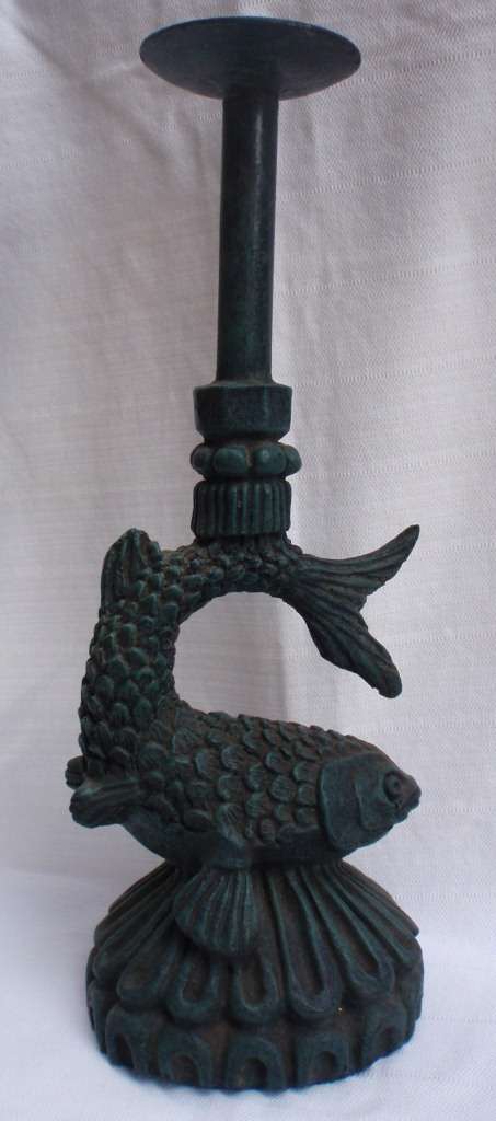 VINTAGE - LARGE CANDLE STICK 'DRAGON FISH'  HEAVY MARBLE RESIN IN AGED GREEN FINISH - INTERESTING!!!