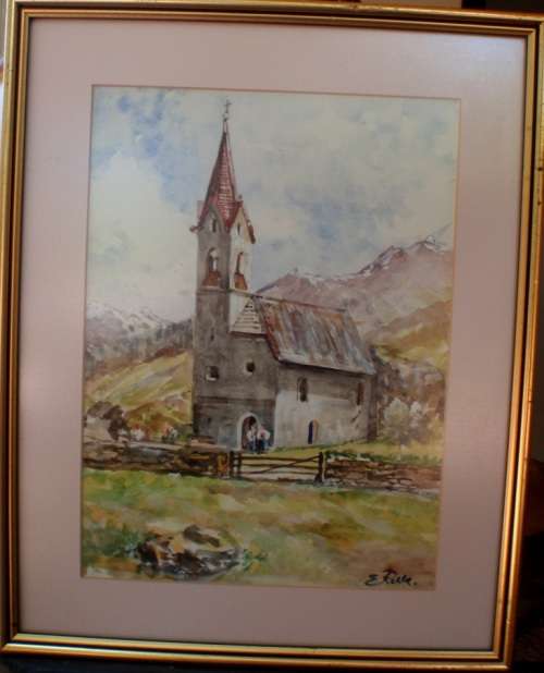 ORIGINAL WATERCOLOUR - SIGNED E.RELLE - REALLY BEAUTIFUL COUNTRY CHURCH LANDSCAPE - WELL FRAMED!!!