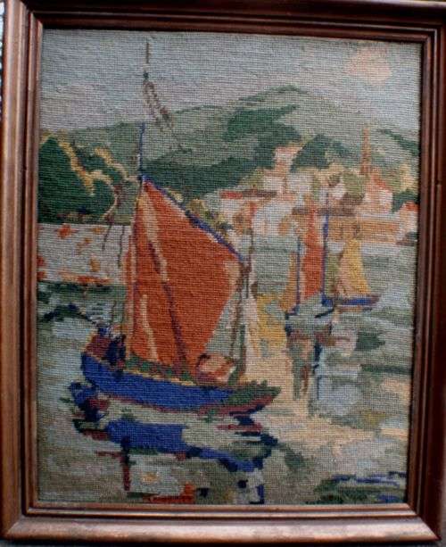 VINTAGE - LOVELY, ARTY TAPESTRY OF YACHTS WITH GREEN HILLS IN BACKGROUND - GORGEOUS - LOW PRICE!!!