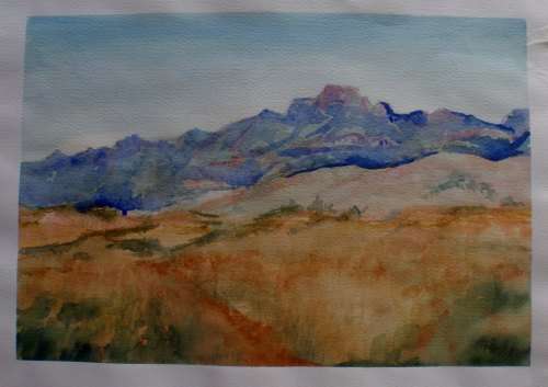 LOVELY ORIGINAL WATERCOLOUR 'LANDSCAPE WITH LILAC HILLS' - GOOD PRICE!!!