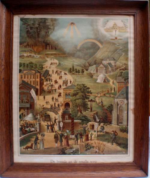 VINTAGE - CHRISTIAN PRINT IN DUTCH 'DE BREEDE EN DE SMALLE WEG' IN LOVELY OAK FRAME - SCARY STUFF!