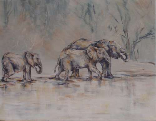 ORIGINAL PAINTING - LOVELY MONOCHROME EFFECT OF 'ELEPHANTS' ON CANVAS ON STRETCHER FRAME