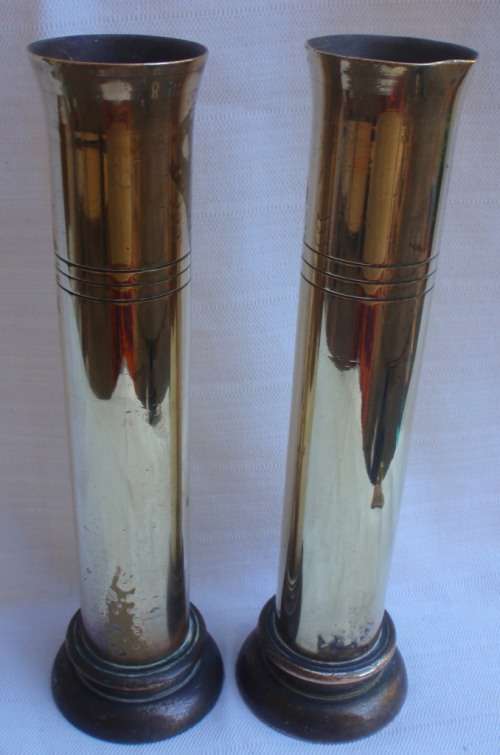 VINTAGE - WAR ART, 2 BRASS VASES MADE FROM CANNON SHELLS - LARGE & HEAVY!!!