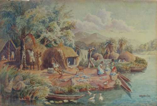 ANTIQUE - CIRCA 1914 - AMAZING ORIGINAL WATERCOLOUR by WILLIAM BURTON - CONGO MISSIONARY