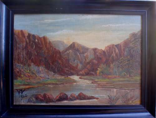 VINTAGE: CIRCA 1940 ORIGINAL OIL PAINTING, DRAKENSBURG - SIGNED WITH ARTIST'S INITIALS & DATE.