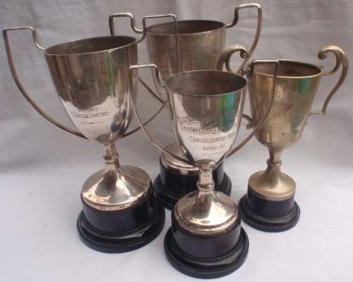 VINTAGE - CIRCA 1940's - 1950's FOUR LARGE SILVER PLATED TROPHIES - GORGEOUS AUTHENTIC DECOR!!!