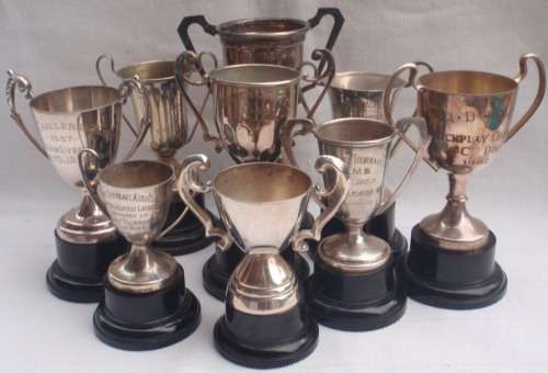 VINTAGE: CIRCA 1950's  NINE SILVER PLATED TROPHIES - BARGAIN PRICE!