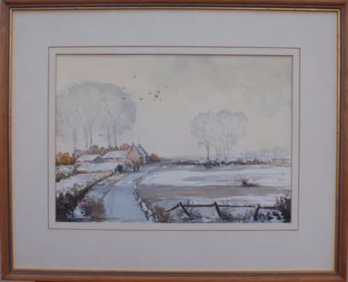 BEAUTIFUL ORIGINAL WATERCOLOUR PAINTING by KEN BACON, 1985 `FIRST FALL OF SNOW` PORTSCATHO CORNWALL
