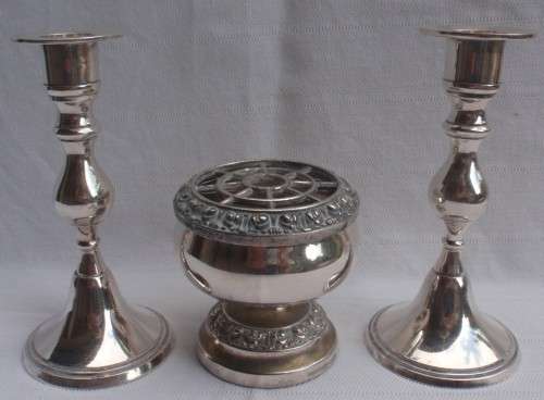TWO LOVELY SILVERPLATE CANDLE STICKS & A GORGEOUS LITTLE SILVERPLATE (IANTH OF ENGLAND) ROSE BOWL