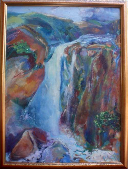 DRAMATIC ORIGINAL 'AYAWAMANZI FALLS' by PAT CROSSLEY -  FABULOUS STYLE OF PAINTING - BIG SIZE!!!