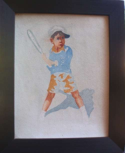 Vintage charming little originl watercolour of a boy playing baseball - in original frame.