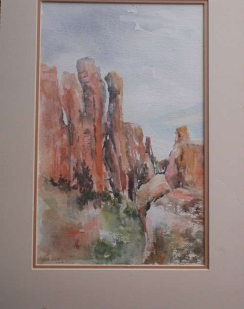 ORIGINAL INDIGENOUS WATERCOLOUR by S.A.BURNS. FABULOUS PIECE 'ROCK FORMATION' TASTEFUL FRAMING CARD