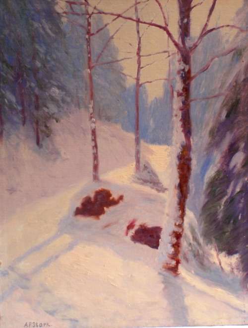 VINTAGE:  FABULOUS ORIGINAL OIL 'A WINTERS DAY' by A.P.STARK.  REALLY MAGICAL SNOWY LANDSCAPE!!!