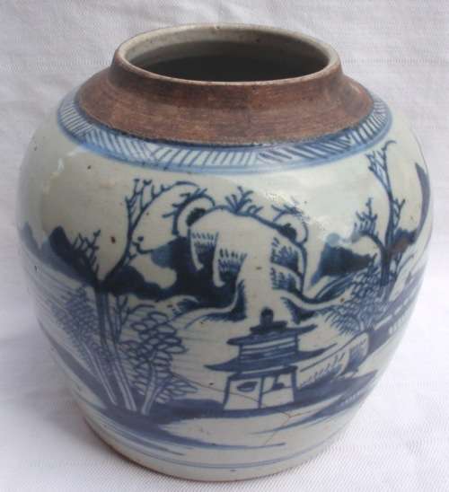 CHINESE: RARE LATE MING (c1630) BLUE & WHITE STONEWARE GINGER JAR - COLLECTIBLE!!!