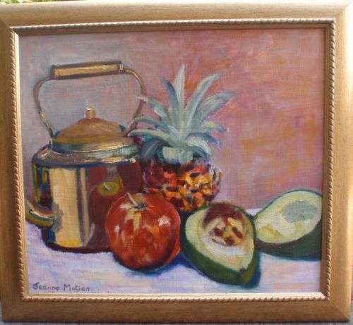 FABULOUS ORIGINAL OIL - `KETTLE WITH FRUIT` SIGNED by JEANNE MOTION.  STUNNING IMPRESSIONST STYLE!