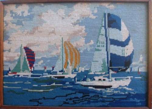 VINTAGE:  FABULOUS  "YACHTS" TAPESTRY - WHAT  A LOVELY PIECE OF NEEDLE ART! - GOOD PRICE!!!
