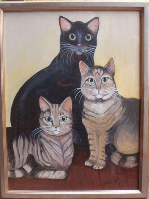 GORGEOUS ORIGINAL NAIVE PAINTING by THE LATE, `DAN SMITH`  `FAMILY PORTRAIT` - FOR THE MOGGY MAD!!!