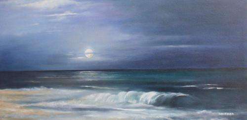 BEAUTIFUL "FULL MOON ON OCEAN" ORIGINAL OIL ON CANVAS ON STRETCHER FRAME - SIGNED - READY TO HANG!!!