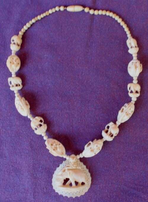 VINTAGE: INTRICATELY HAND CARVED BONE NECKLACE - ELEPHANTS ETC. GORGEOUS PIECE!!!