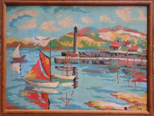 VINTAGE: LOVELY LITTLE HARBOUR, LIGHTHOUSE & YACHTS PAINTING CIRCA 1964, PAINT BY NUMBERS - COTTAGEY