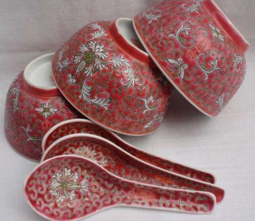 CHINESE - THREE BEAUTIFUL BOWLS and THREE SPOONS - GORGEOUS DESIGNS
