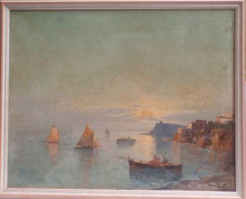 ANTIQUE OIL - LOVELY IMPRESSIONIST PAINTING OF FISHING BOATS - SIGNED BY ARTIST.