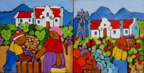 ORIGINAL PAINTINGS by ROSELLE (PAIR) - NAIVE ART - GORGEOUS LITTLE CAPE VINEYARD SCENES.